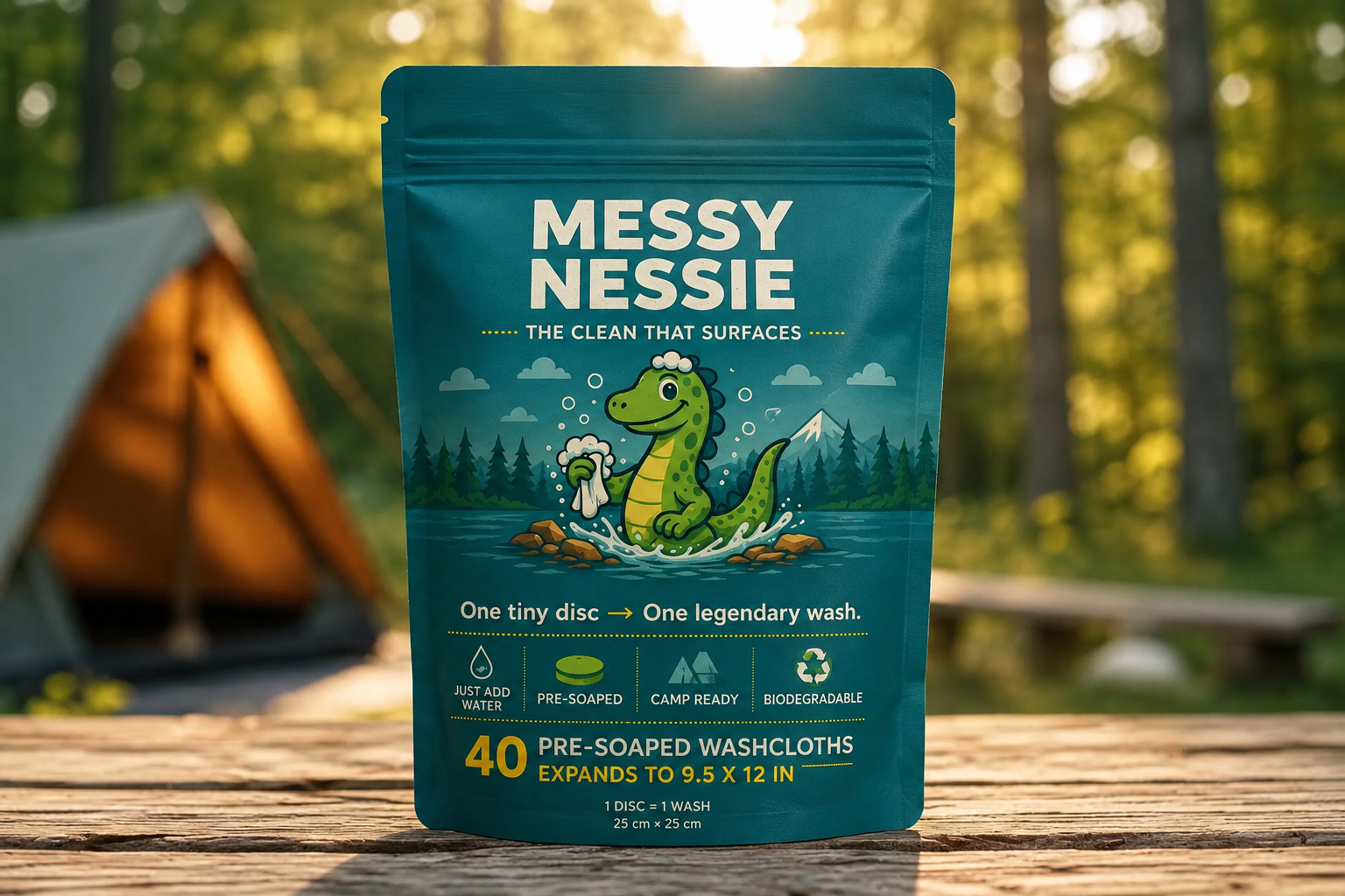 Messy Nessie pouch on a campsite picnic table in evening light