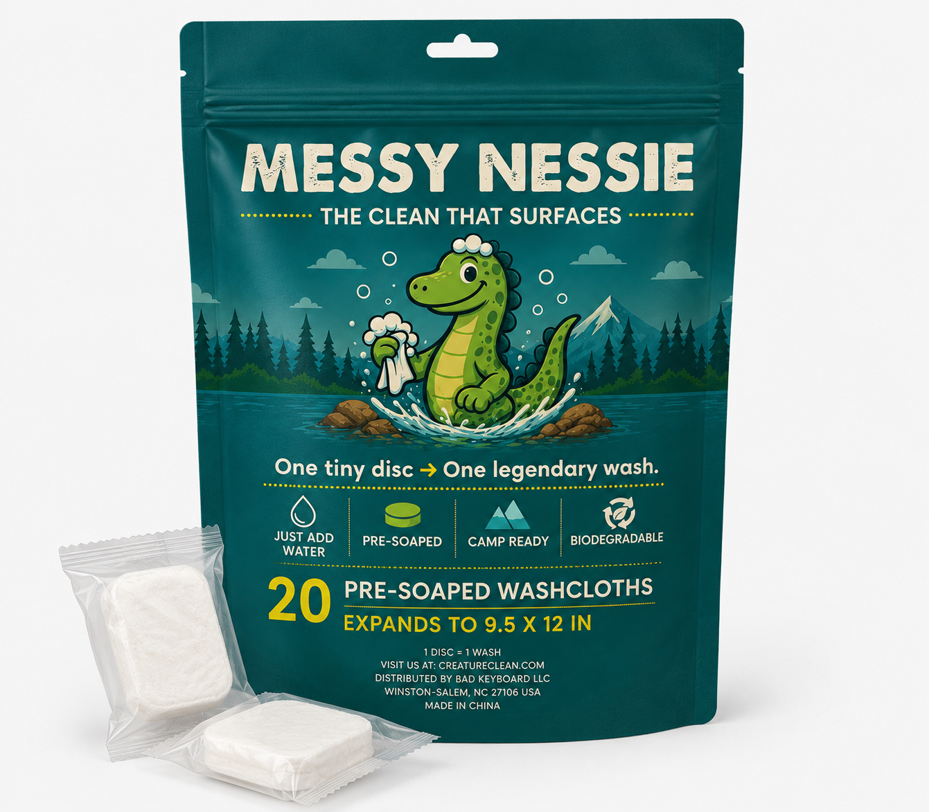Messy Nessie 20-pack pouch of pre-soaped compressed washcloths