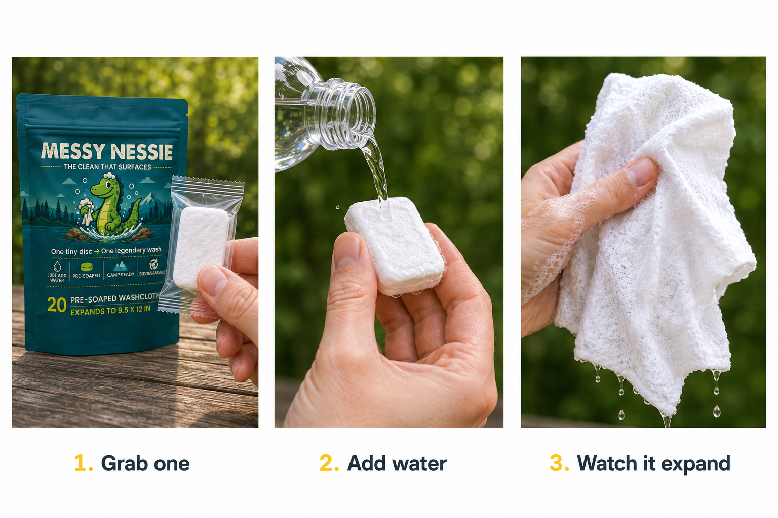 Three steps showing a Messy Nessie pack being opened, soaked with water, and expanded into a soapy washcloth